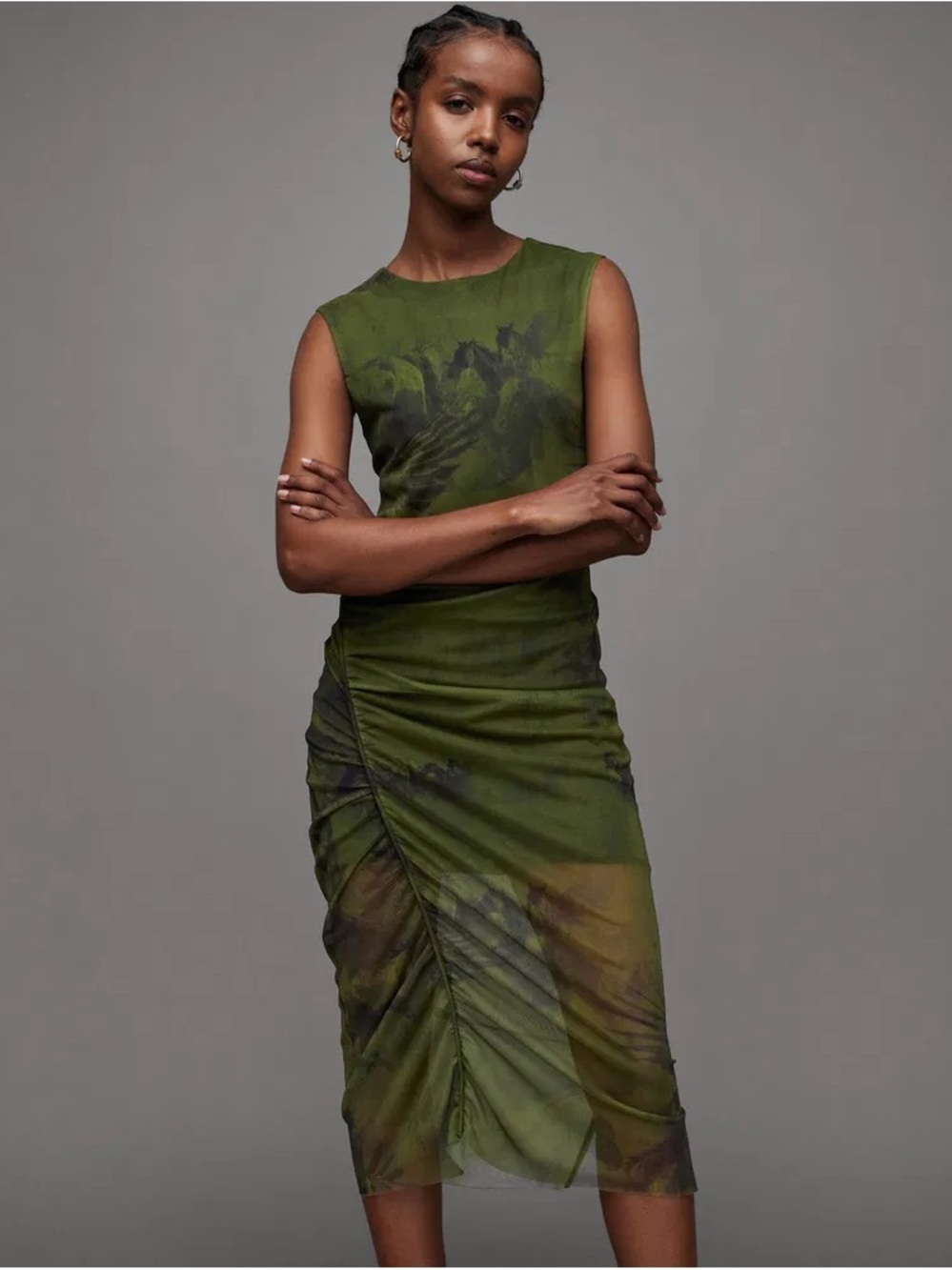 All Saints Olive Green Sleeveless Ruched Sheer Midi Dress